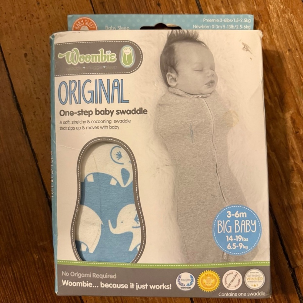 Woombie Gray and Blue Baby Swaddle Bodysuit